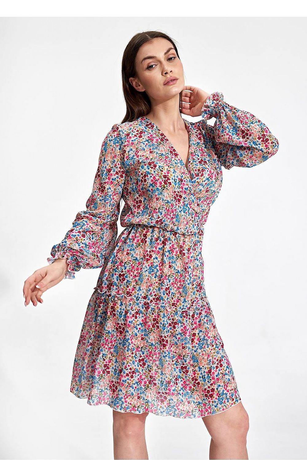 Figl day dress with multicolor floral print, V-neck, long sleeves, gathered waist