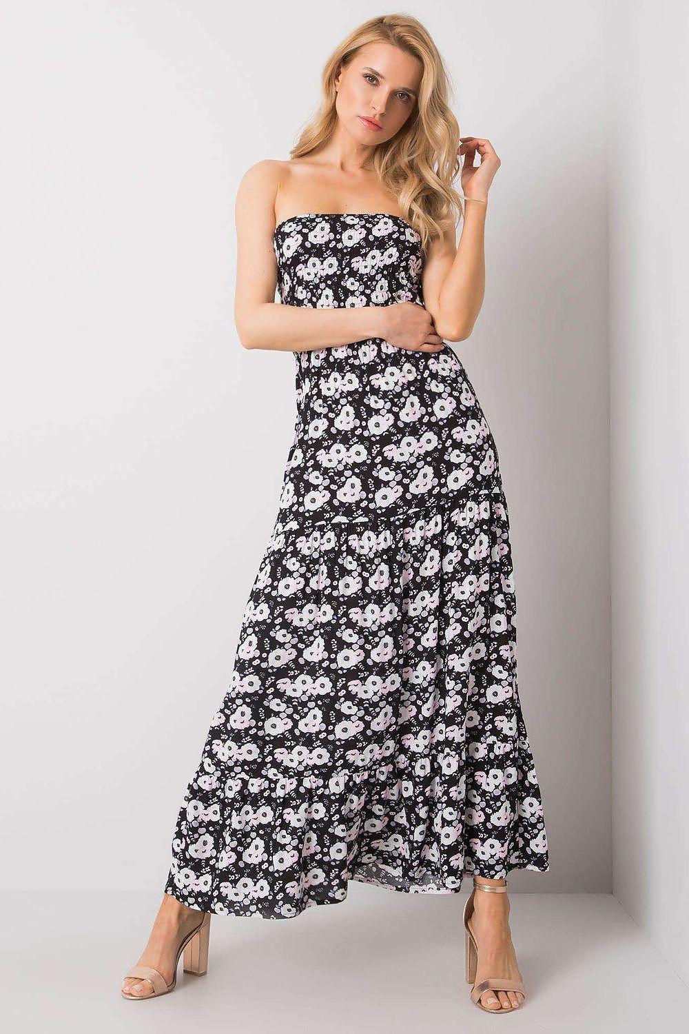 Black floral strapless maxi daydress with fitted bodice and tiered skirt
