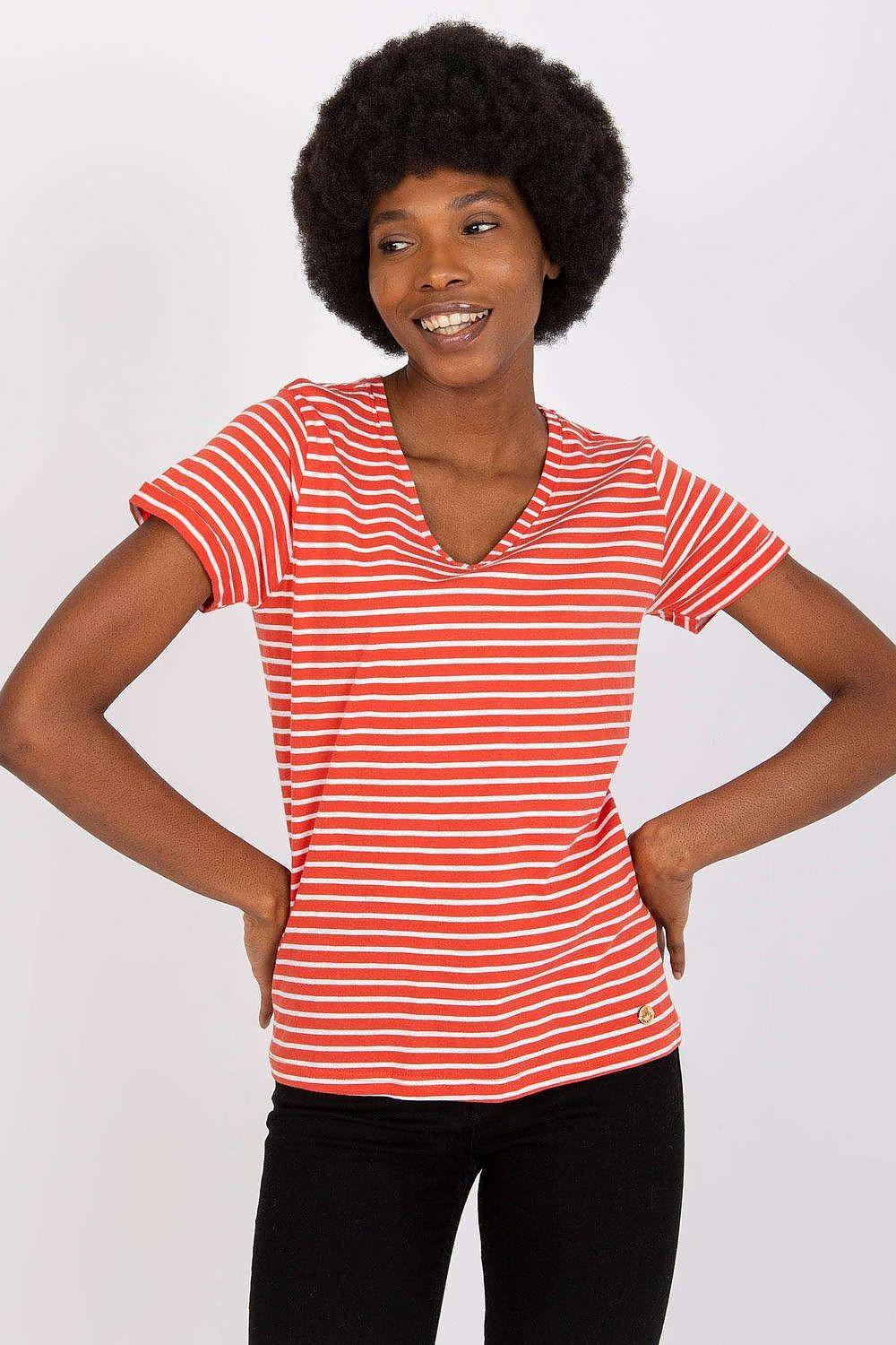 Orange-and-white striped cotton T-shirt with heart neckline and short sleeves