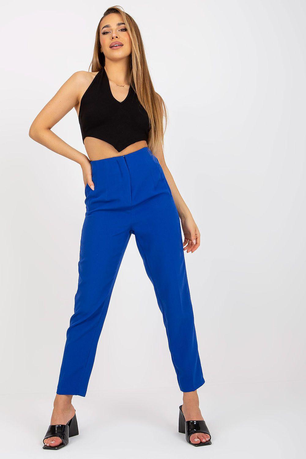 Blue high-waisted straight-cut trousers with a tailored waistband