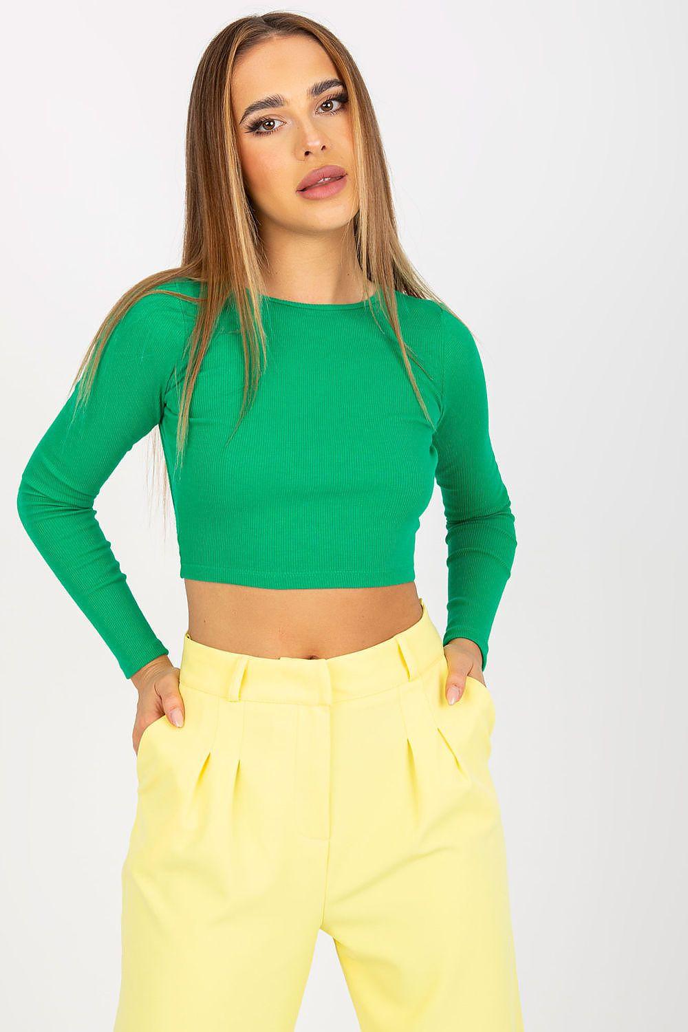 Green long-sleeve cropped blouse with crew neck and fitted waist