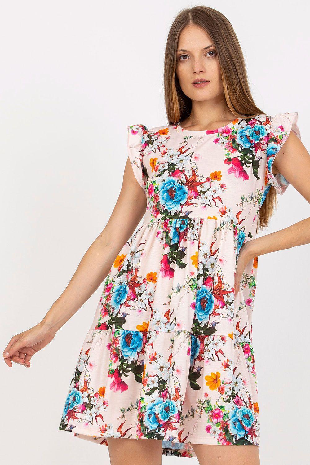 Pink floral daydress with ruffled cap sleeves and gathered waist, above-knee length