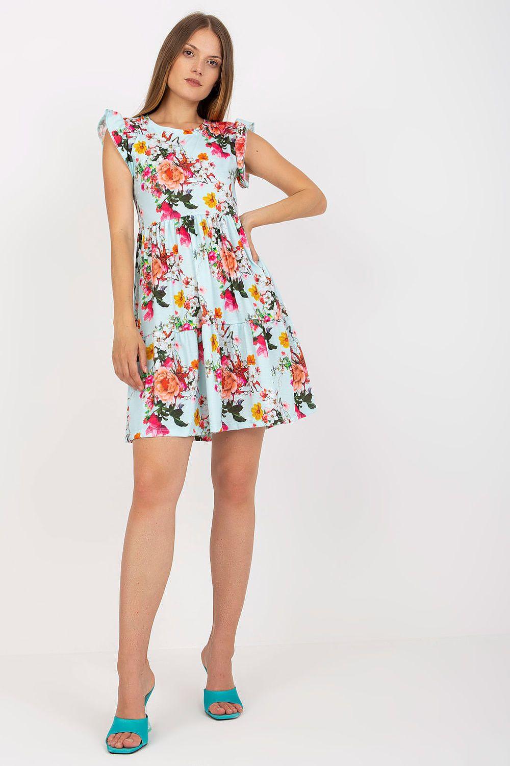 Floral day dress with cap sleeves, light blue base and multicolor print, short A-line