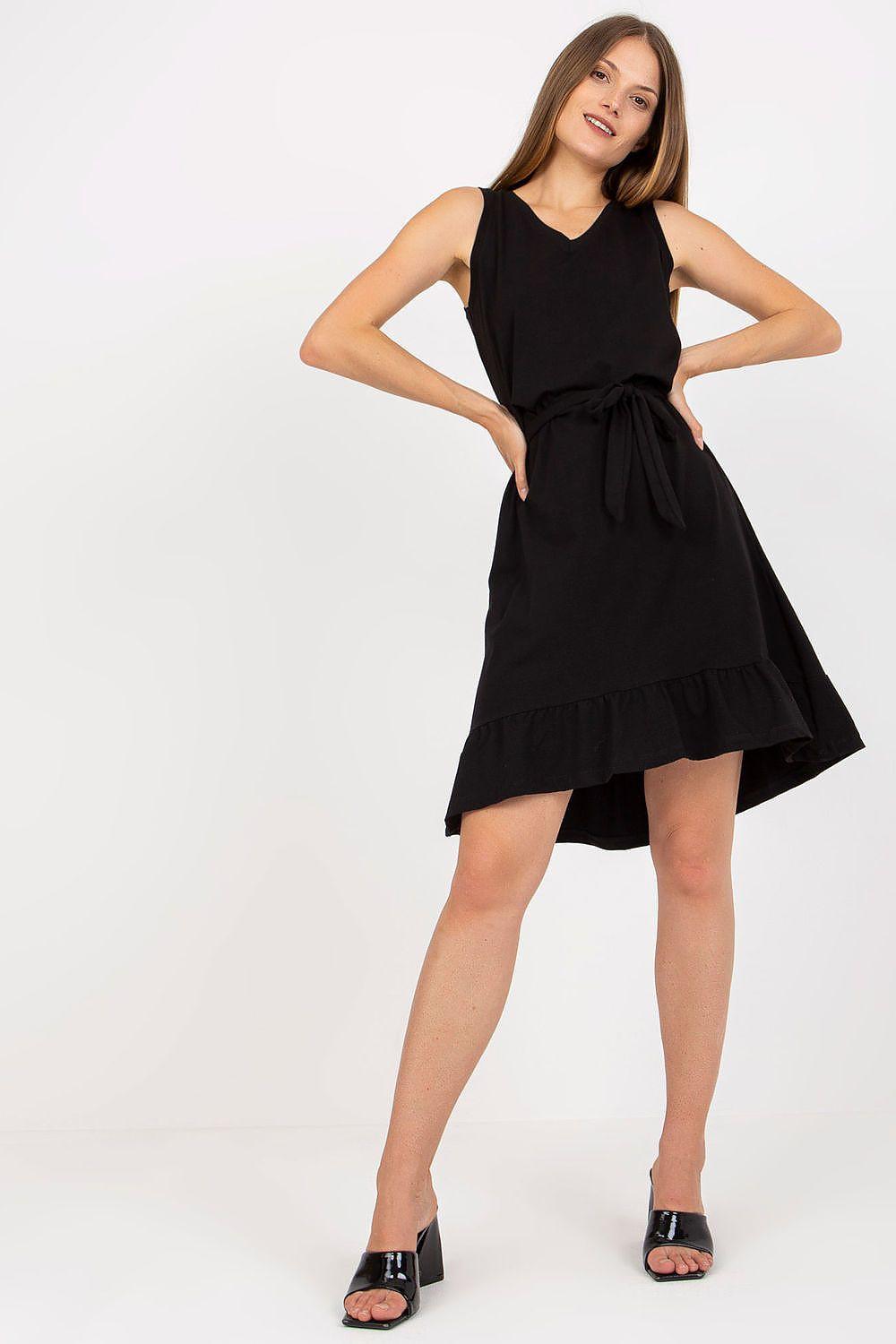 Black sleeveless daydress with tie waist and tiered ruffle hem