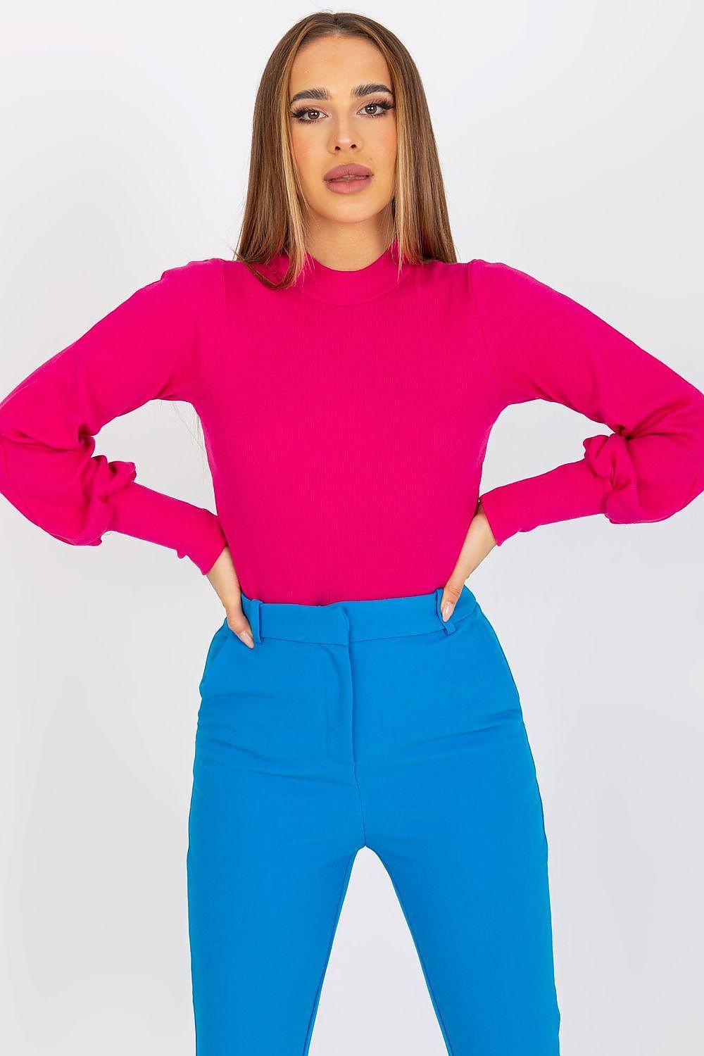 Pink long-sleeve ribbed crew-neck blouse with fitted cuffs