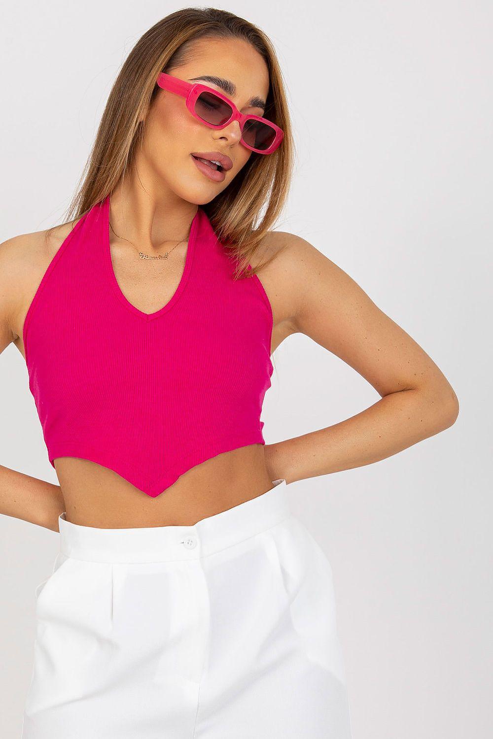 Pink halter crop top with V neckline, sleeveless