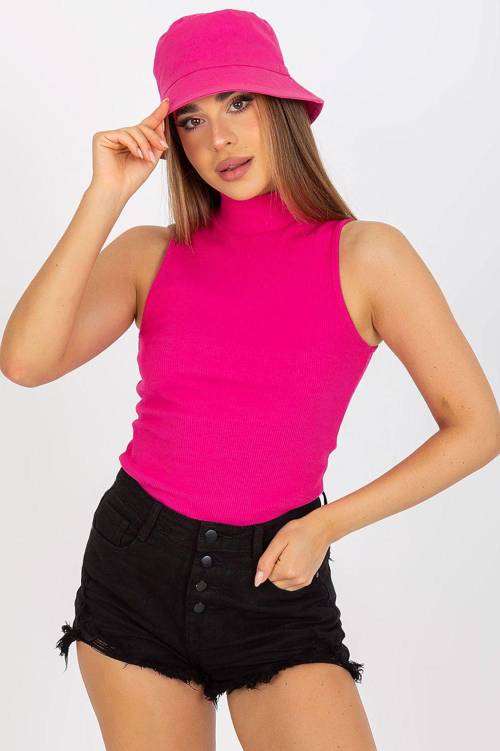 Pink sleeveless high-neck fitted top