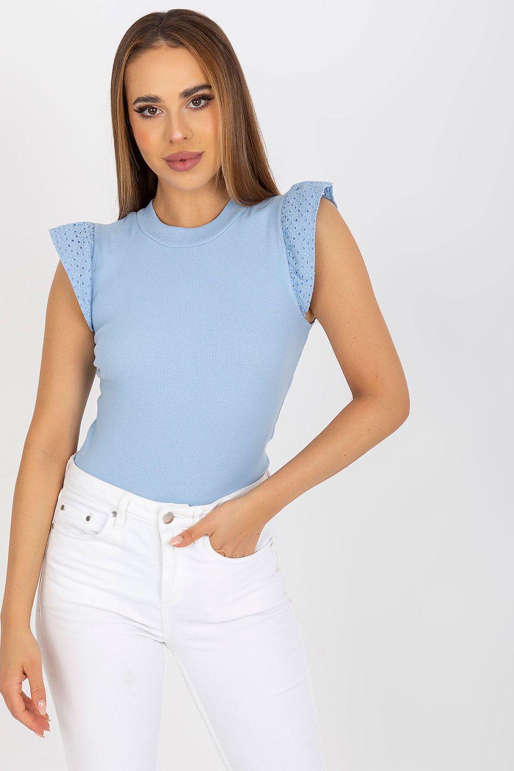 Light blue cotton blouse with frill cap sleeves and crew neck