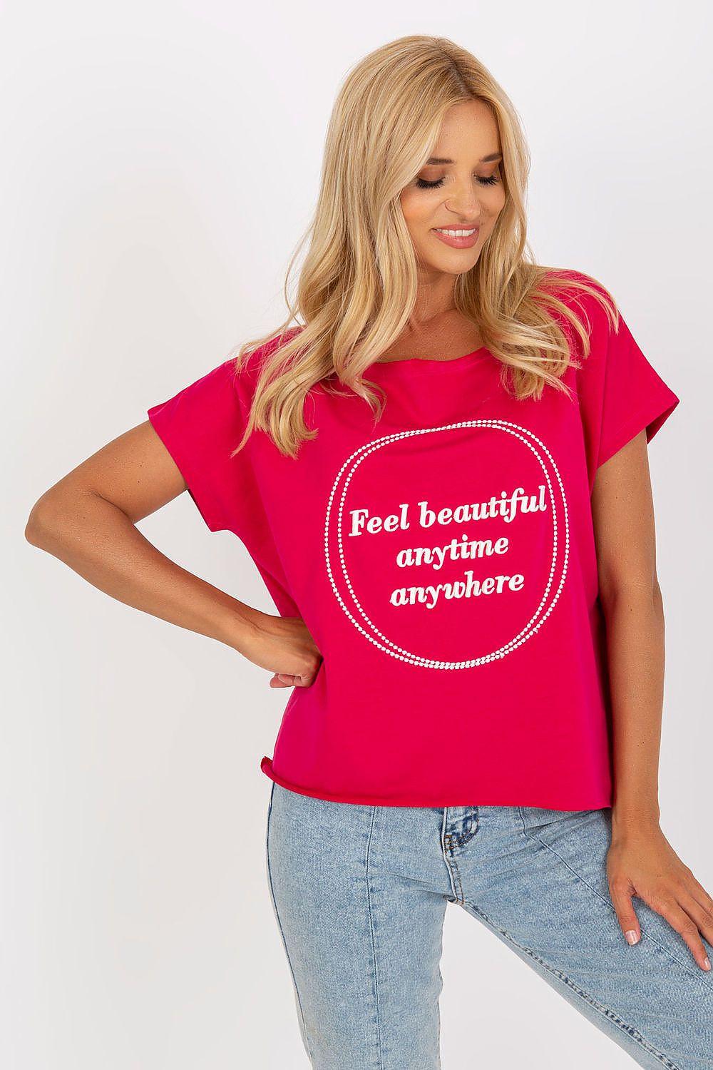 Embroidered cotton blouse, pink short-sleeve with round chest embroidery, loose fit