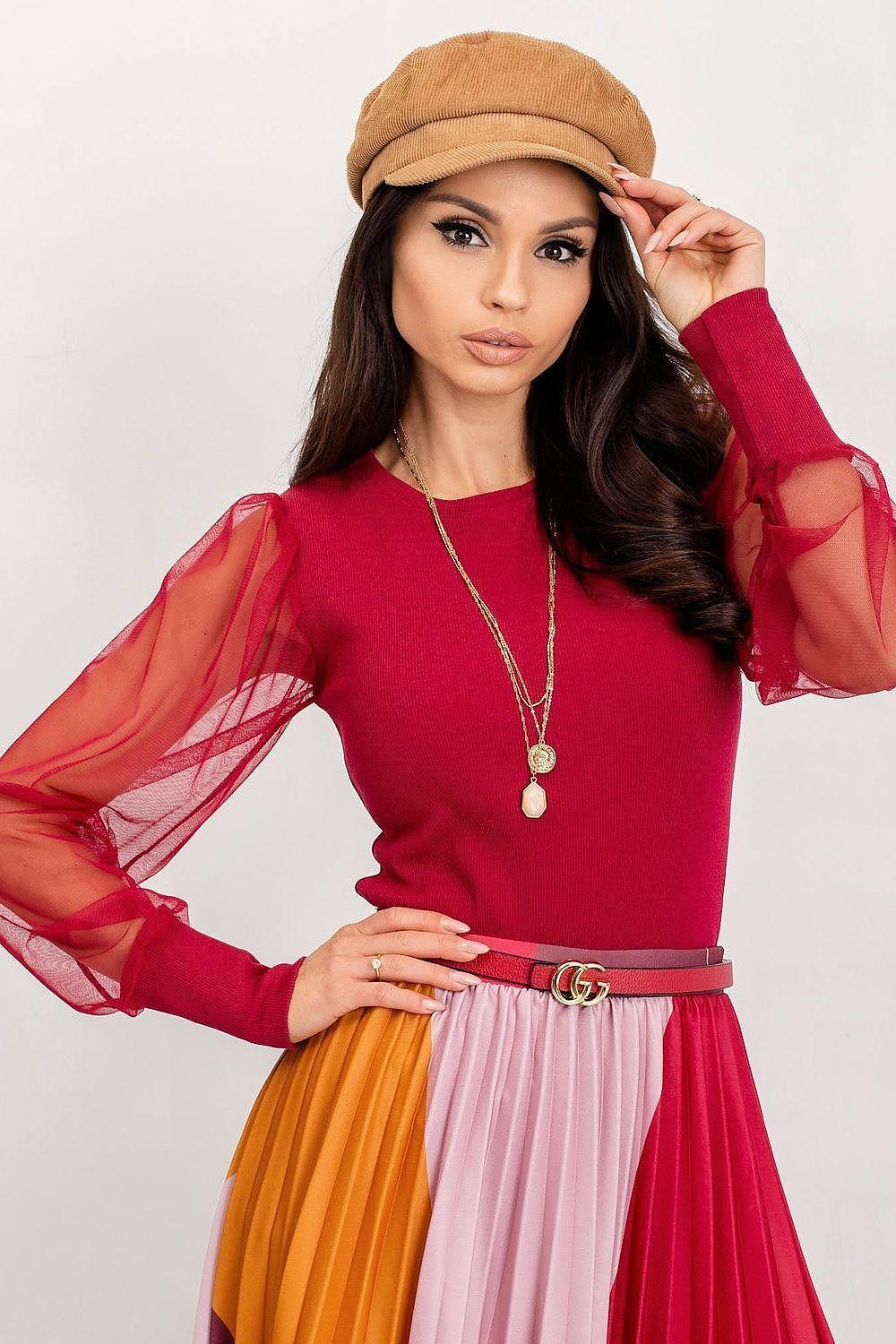 Red fitted blouse with sheer tulle long sleeves and crew neckline