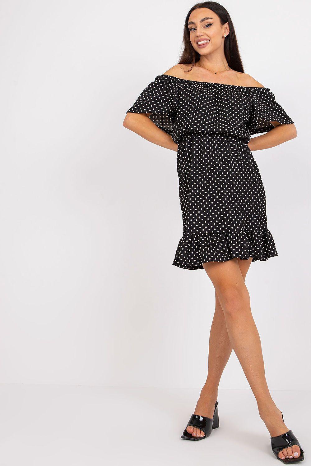 Rue Paris off-shoulder daydress, black with white dots, ruffled hem