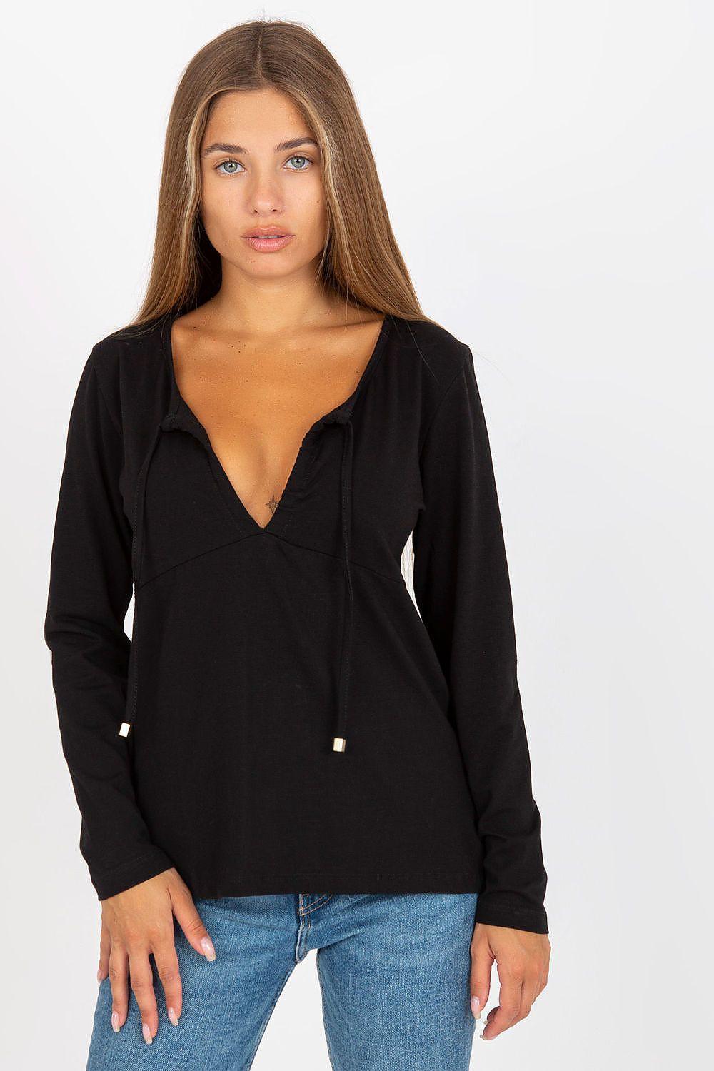 Black V-neck long-sleeve blouse with small chest cutout and button detail