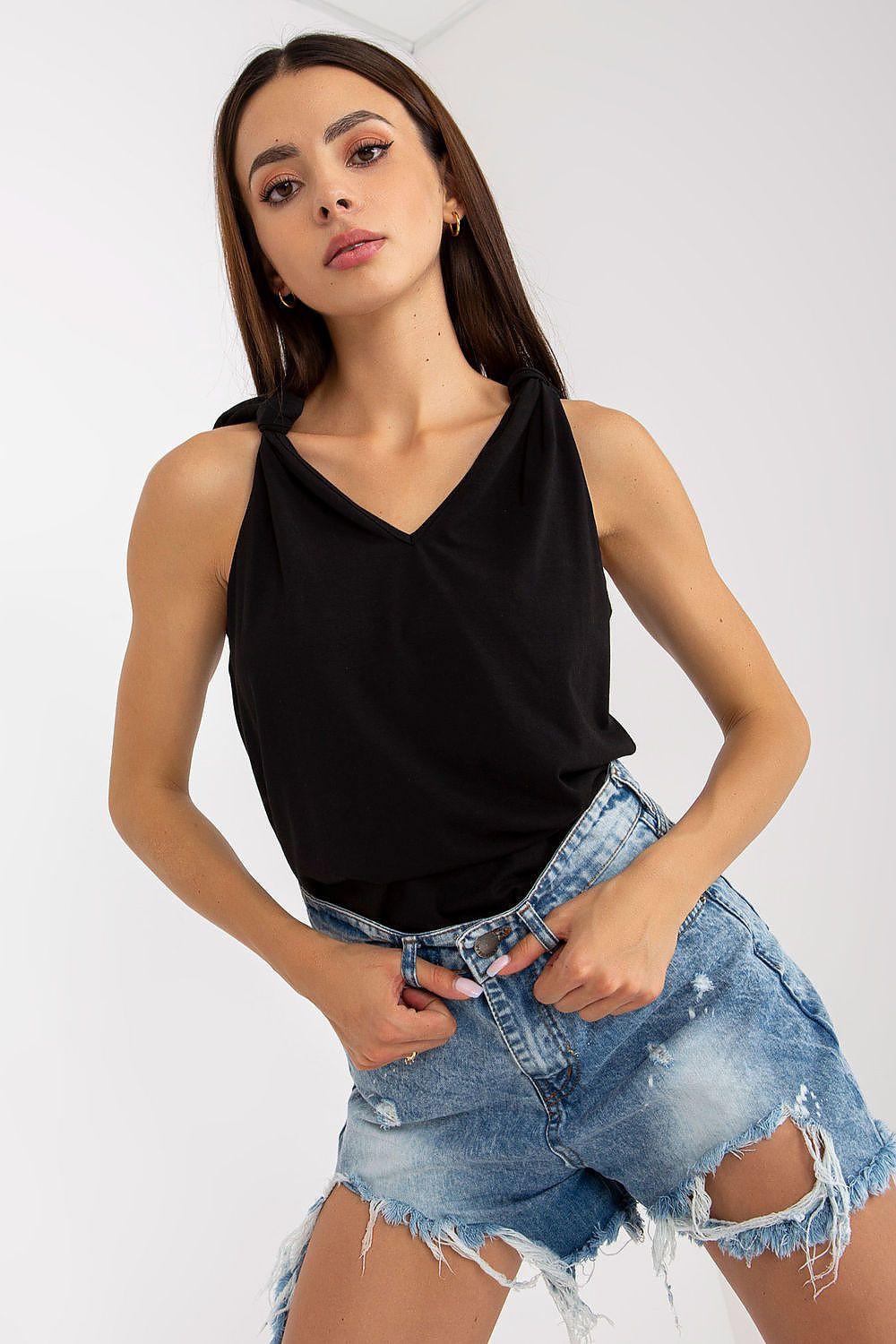 Black strapless V-neck top with adjustable tie straps, sleeveless bodice