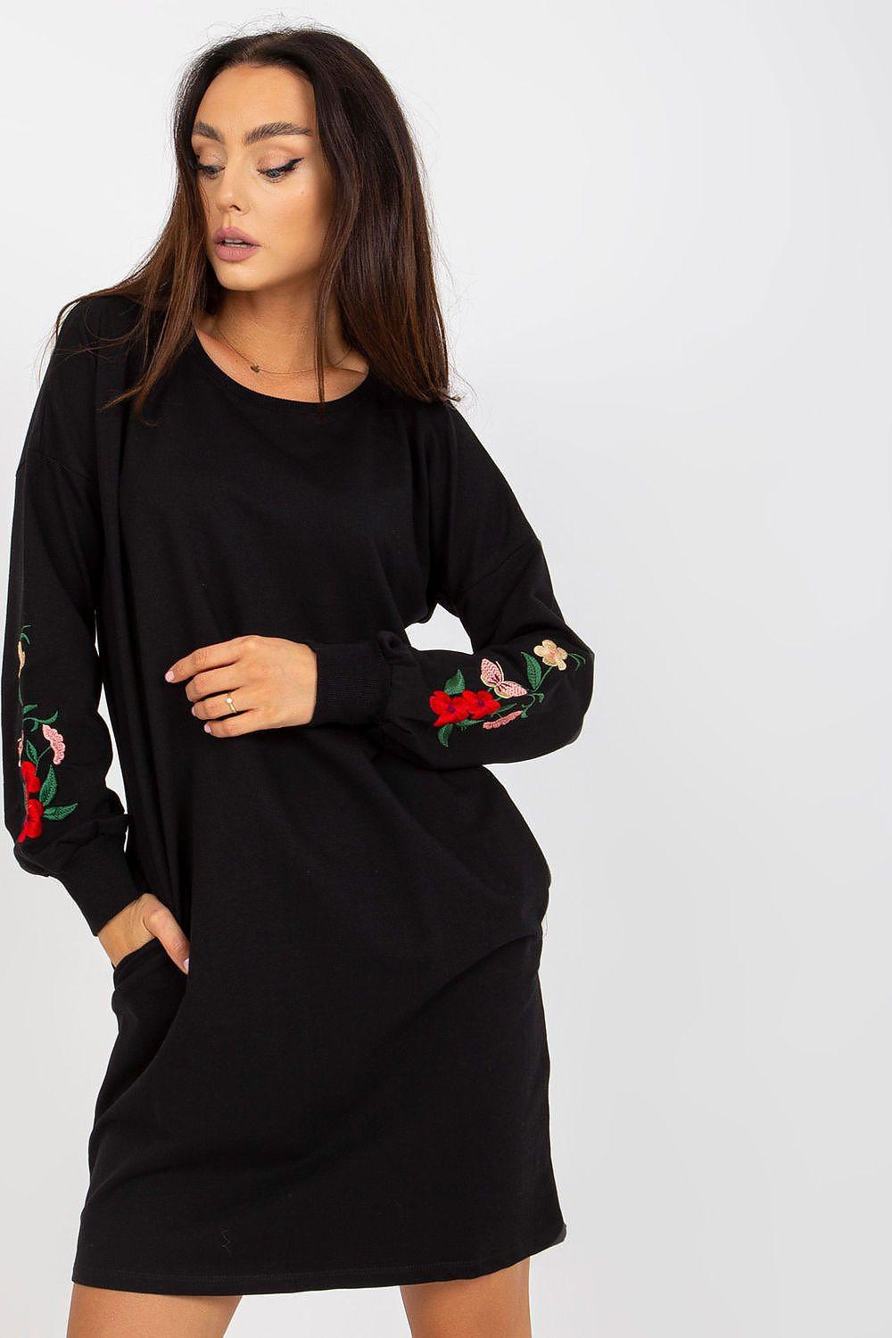 Black long-sleeve daydress with floral embroidery on cuffs and round neckline