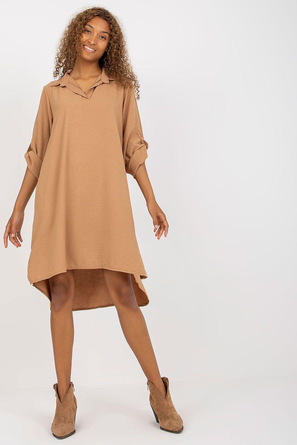 Brown collared daydress with three-quarter sleeves and high-low hem