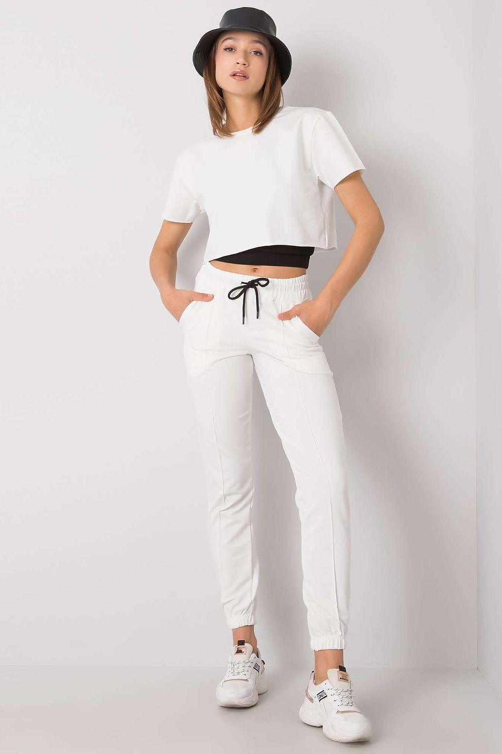 Women’s trousers, light beige jogger style with drawstring waist and ankle cuffs