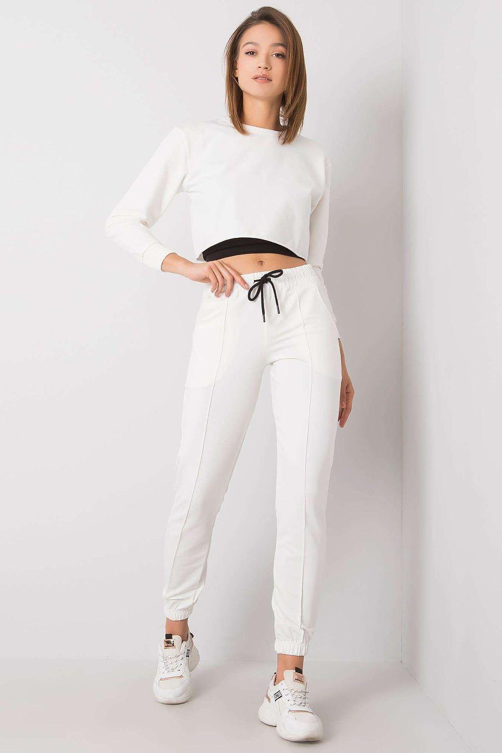 Rue Paris women’s off-white trousers, drawstring waist and cuffed ankles