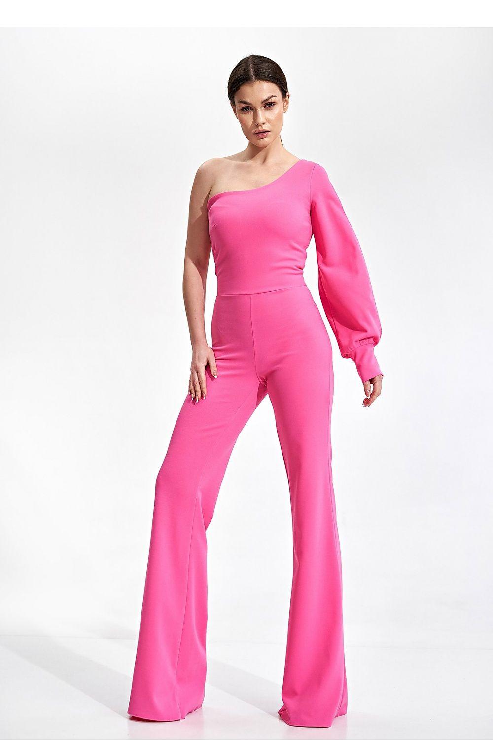 Pink one-shoulder jumpsuit with long balloon sleeve and flared wide legs.