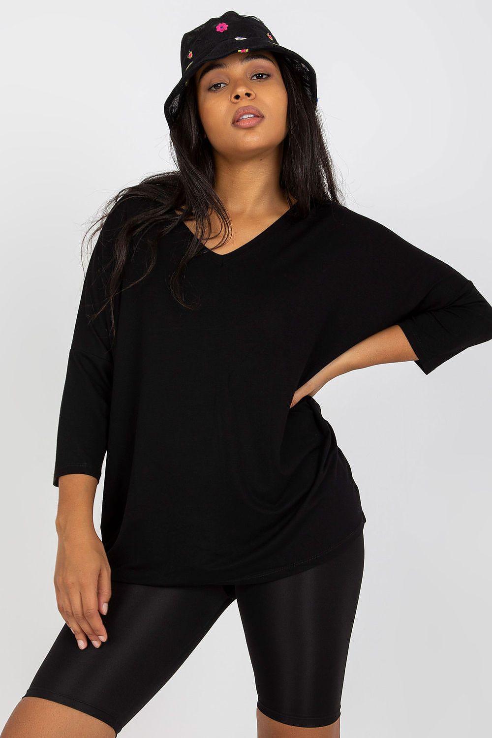 Plus-size black blouse with sweetheart neckline and 3/4 sleeves