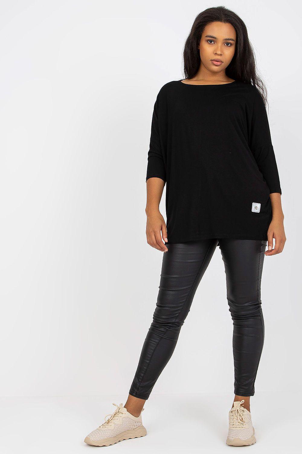 Plus size black boat-neck blouse with 3/4 sleeves, relaxed fit