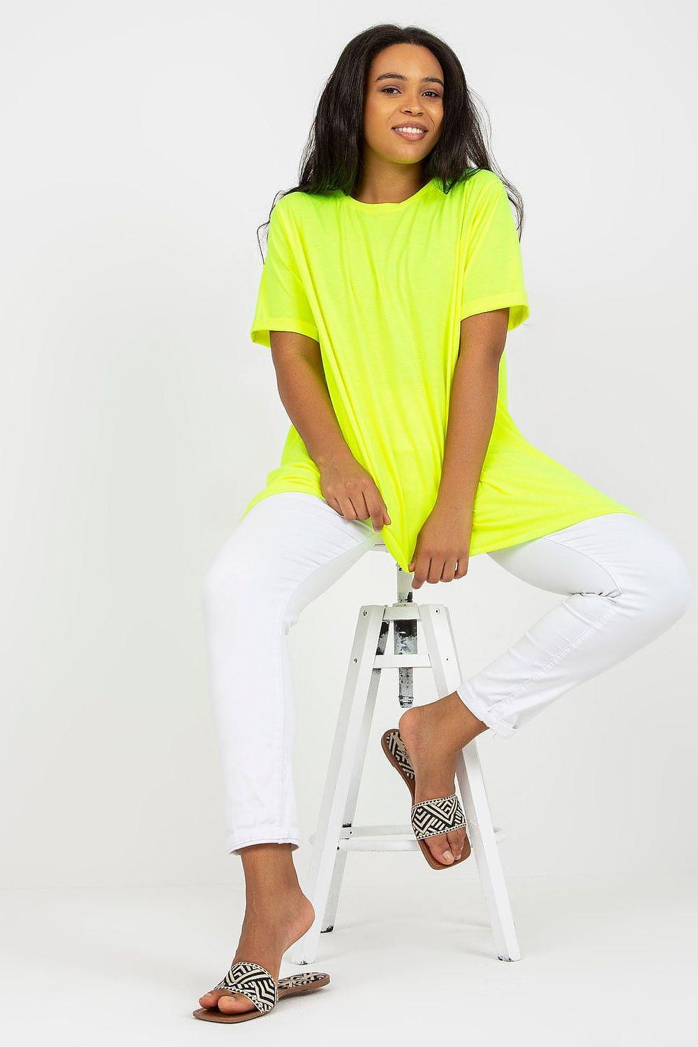 Plus size tunic with asymmetrical hem, short sleeves, bright yellow
