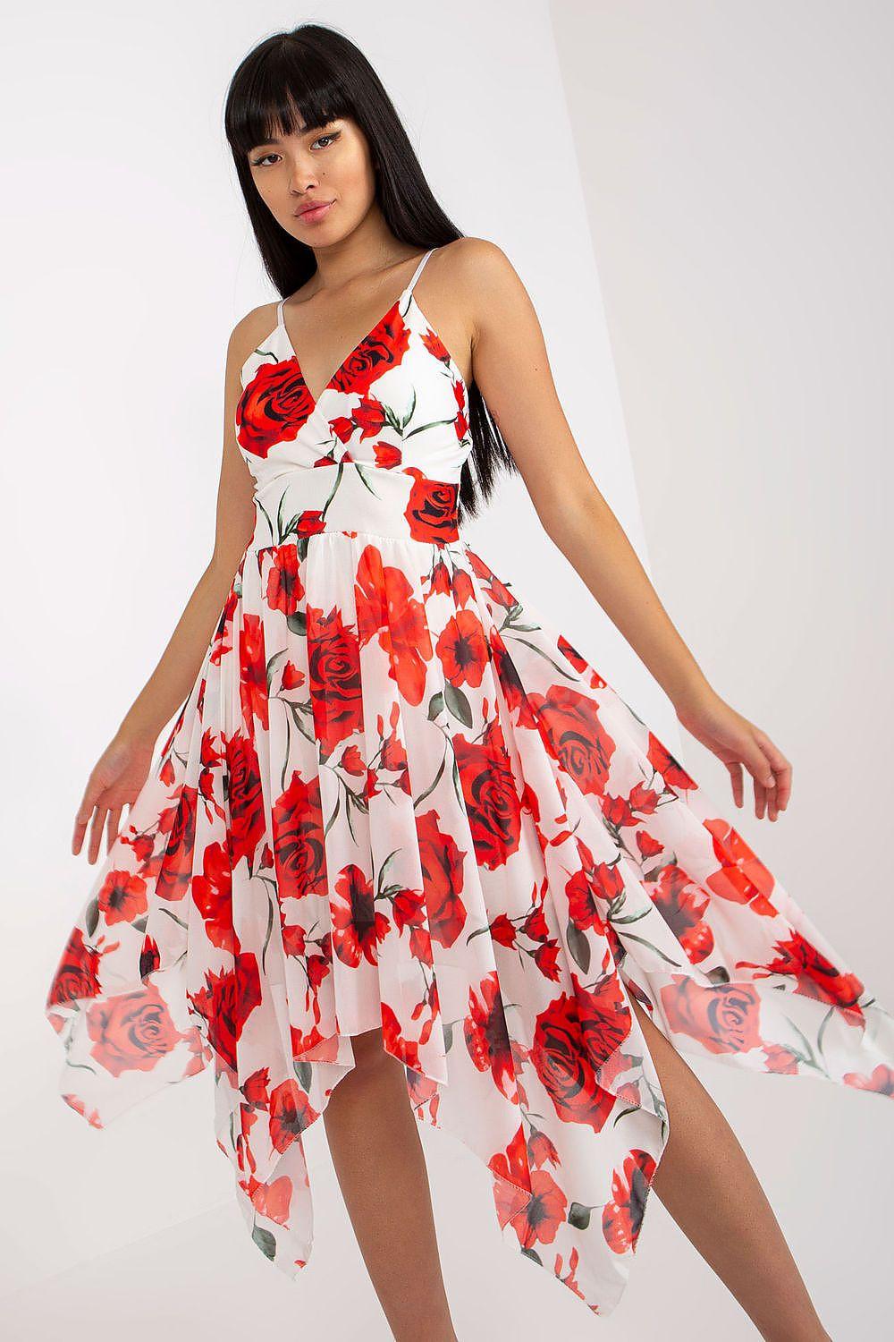 Floral daydress with red rose print, asymmetrical high-low hem, spaghetti straps