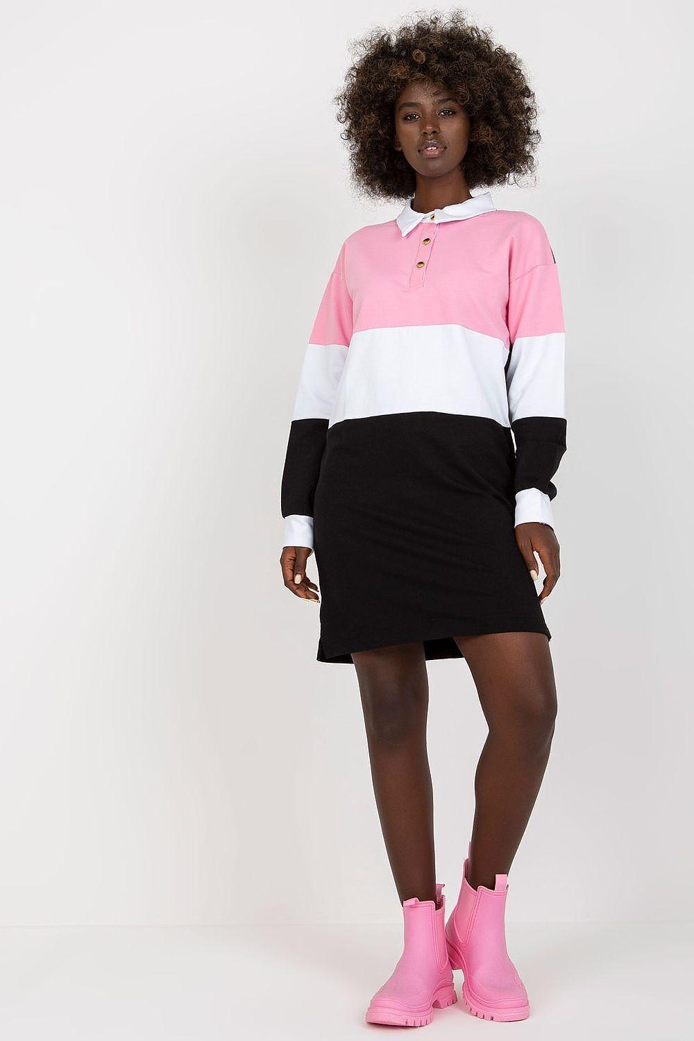 Color-block daydress with pink, white and black panels, long sleeves, button collar