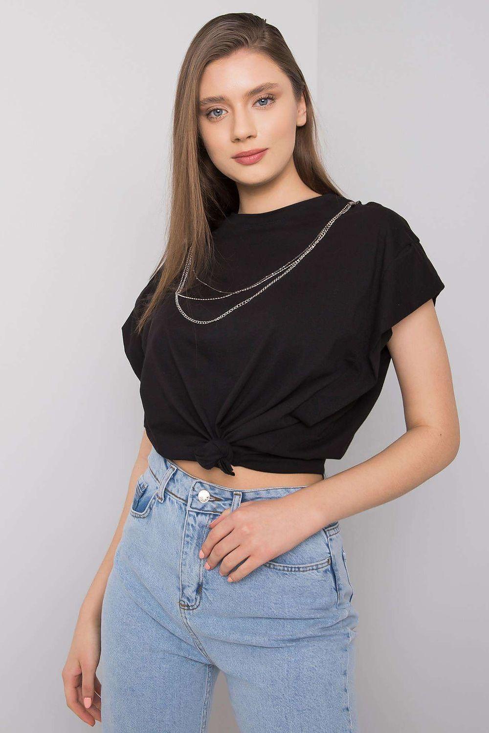 Black cotton blouse with knot front, short sleeves, round neck; detachable chain necklaces