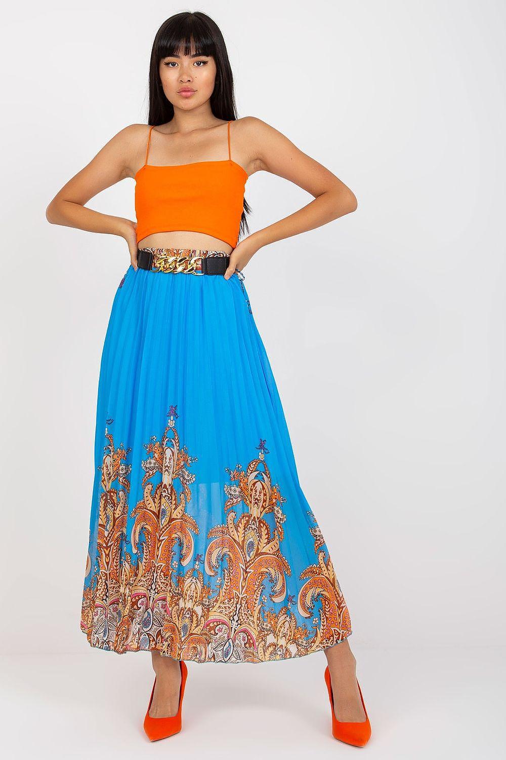 Blue maxi skirt with paisley hem and chain belt detail