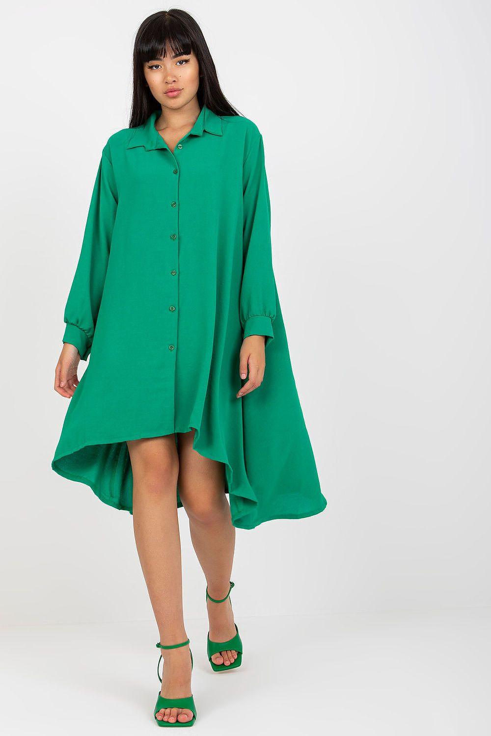 Green button-up day dress with collar and asymmetrical hem