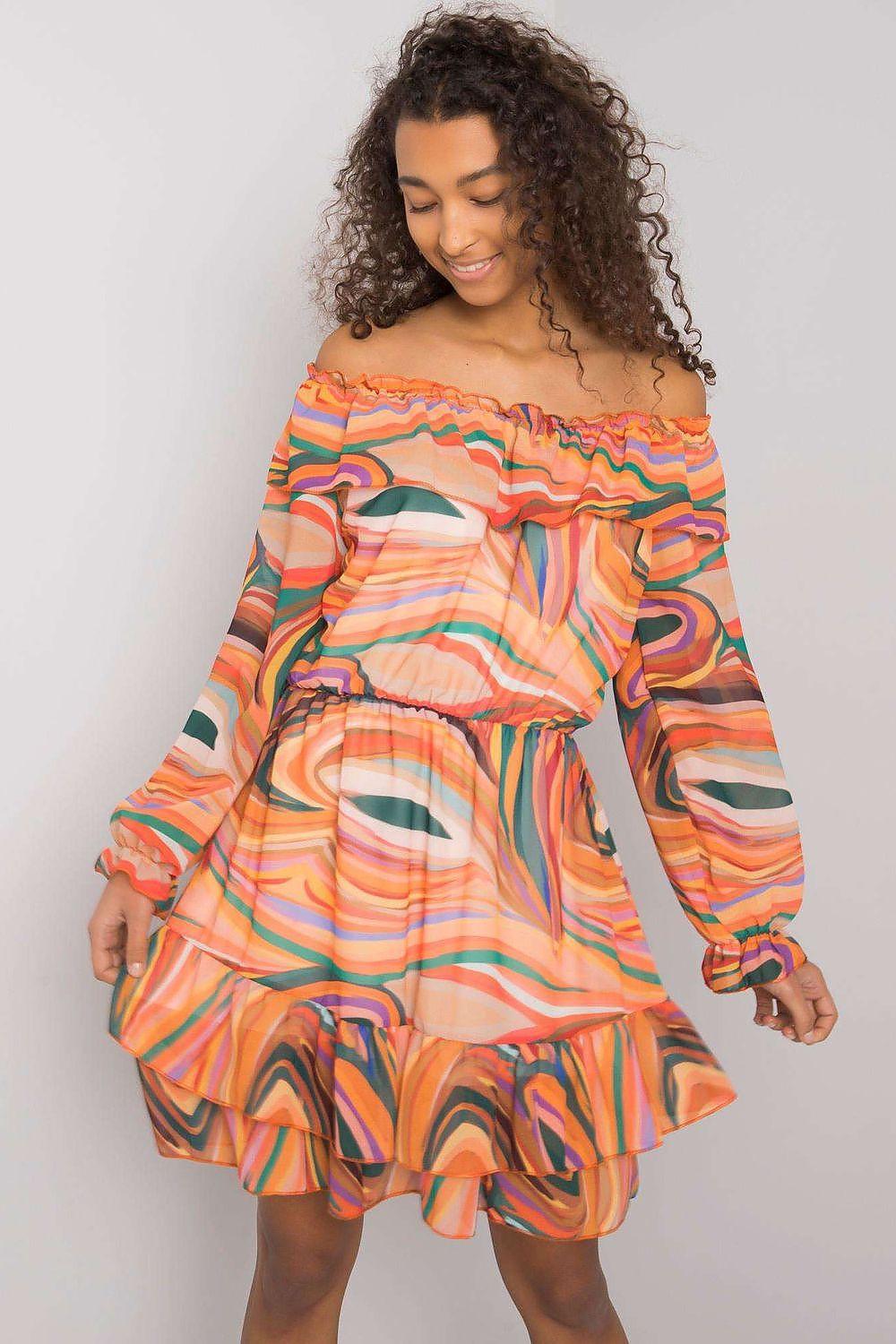 Orange and pink abstract print off-shoulder daydress with long puff sleeves