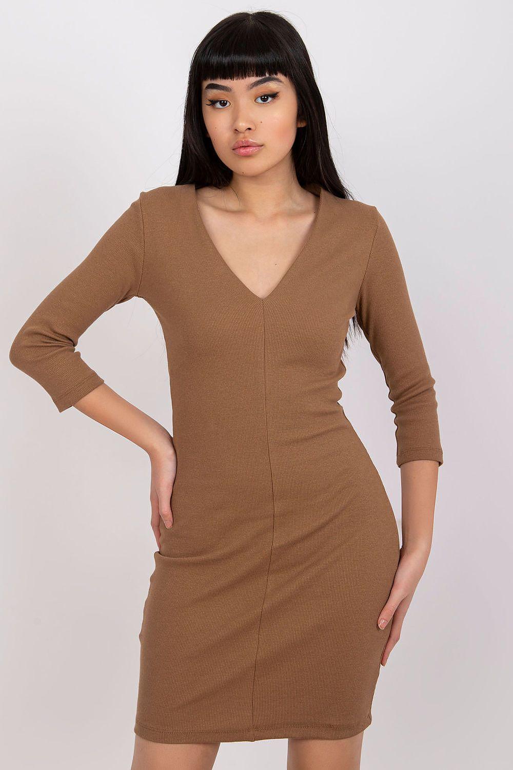 Brown V-neck long-sleeve fitted day dress, above-knee length