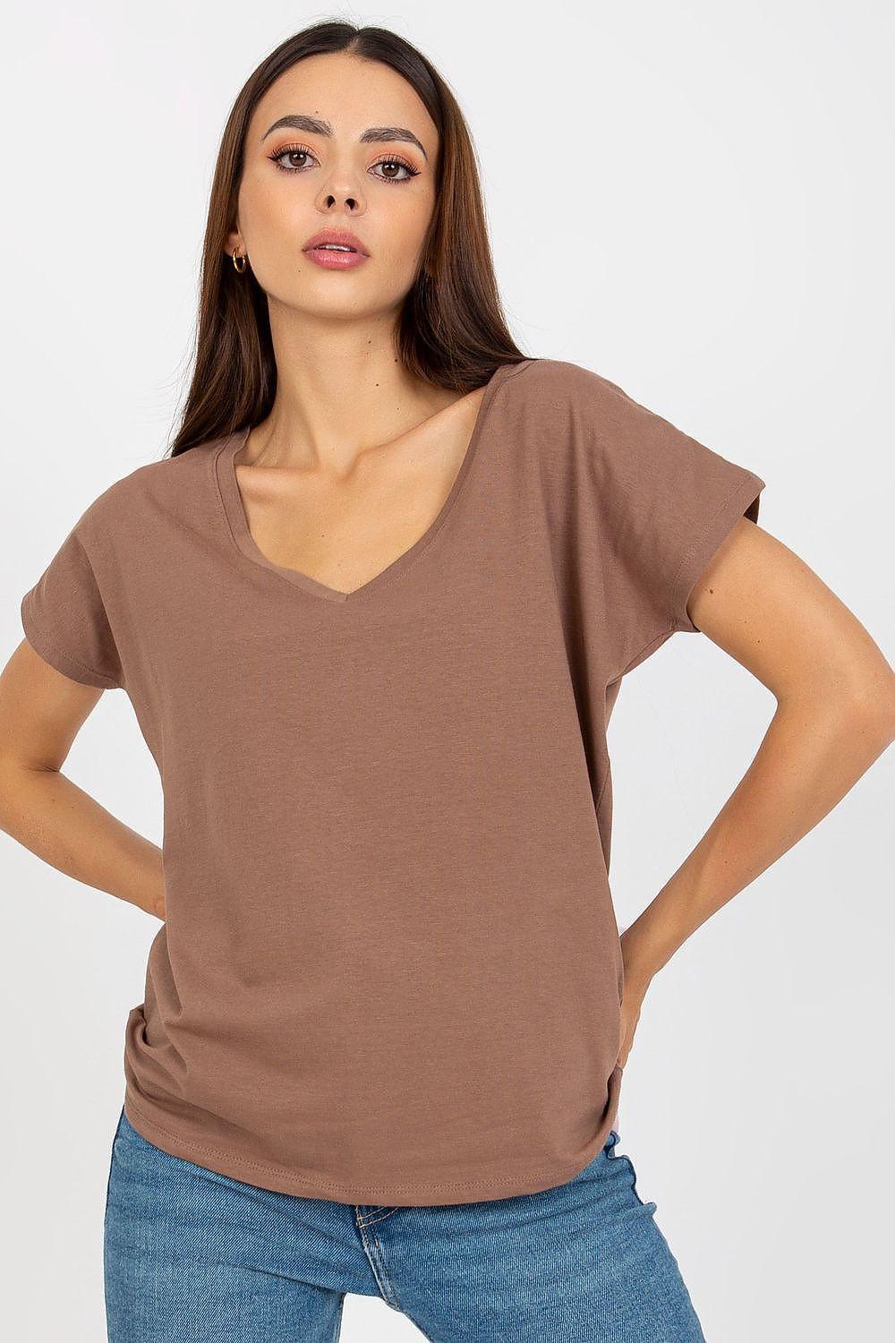 Women's brown heart-neckline t-shirt, short sleeves, soft cotton blend knit