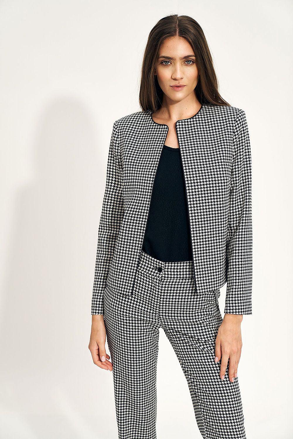 Black and white houndstooth women’s jacket with open front and long sleeves