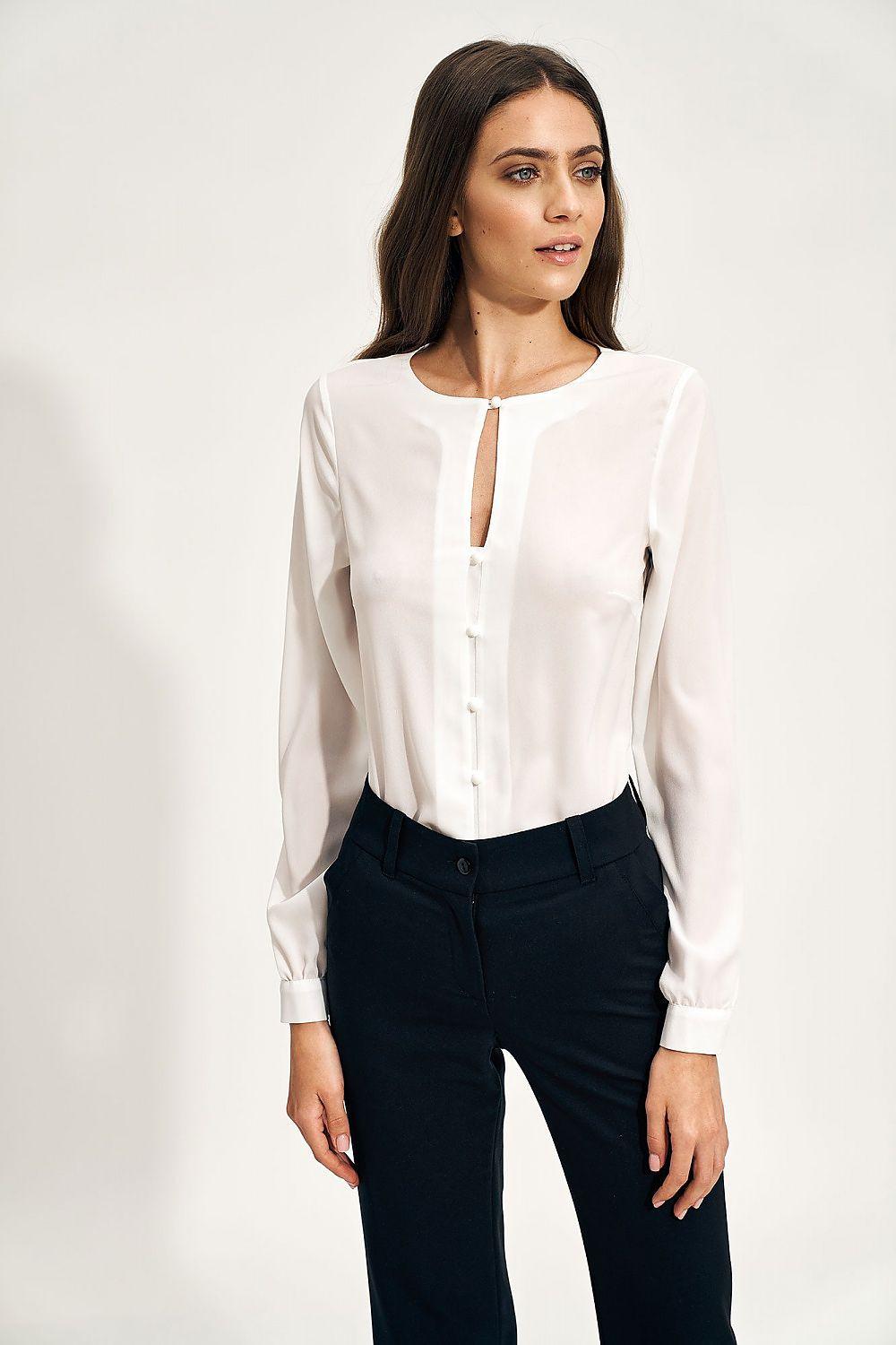 Beige long-sleeve shirt with button placket and cuffs