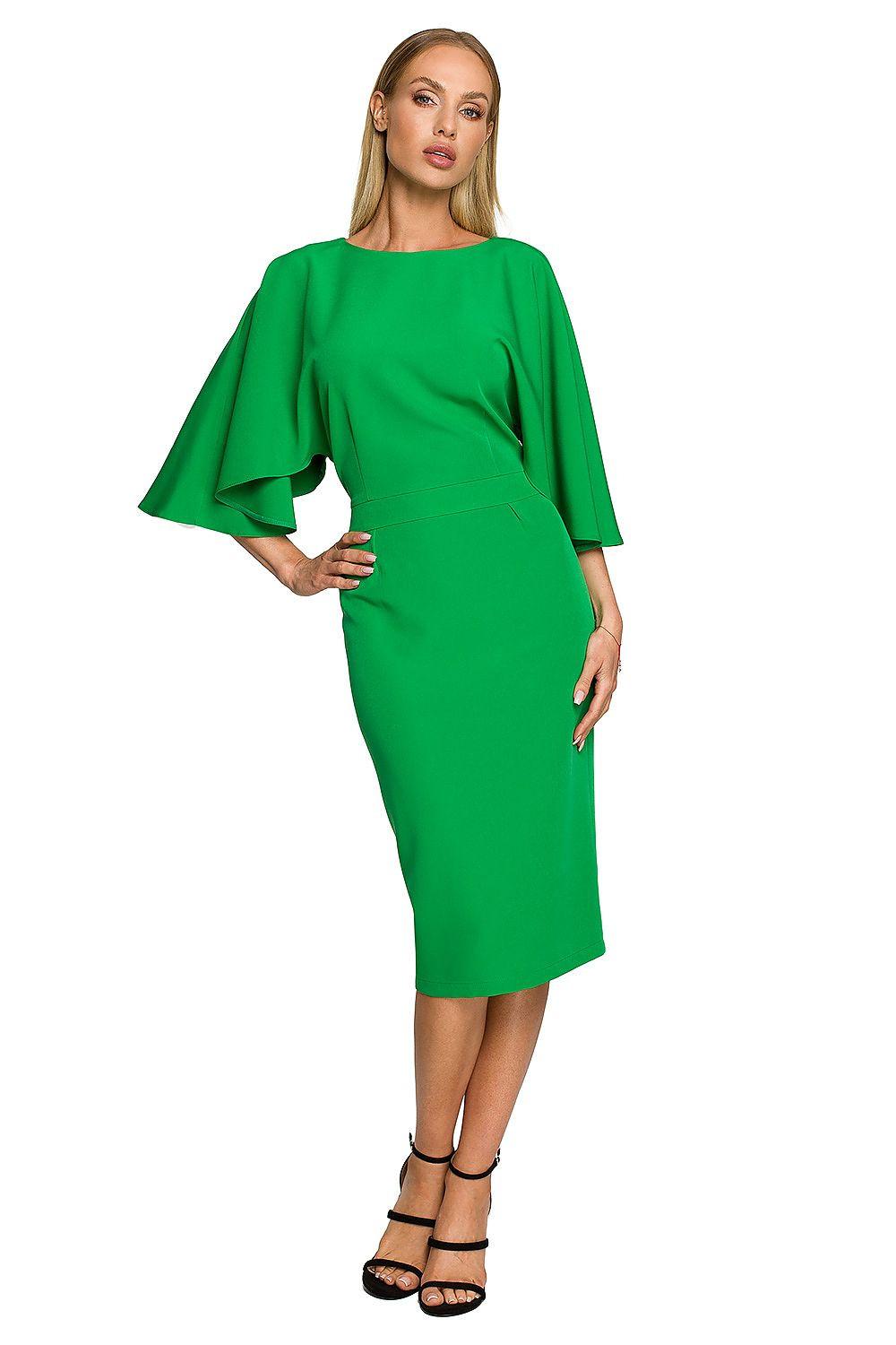 Green cocktail dress with ruffled sleeves, fitted midi length