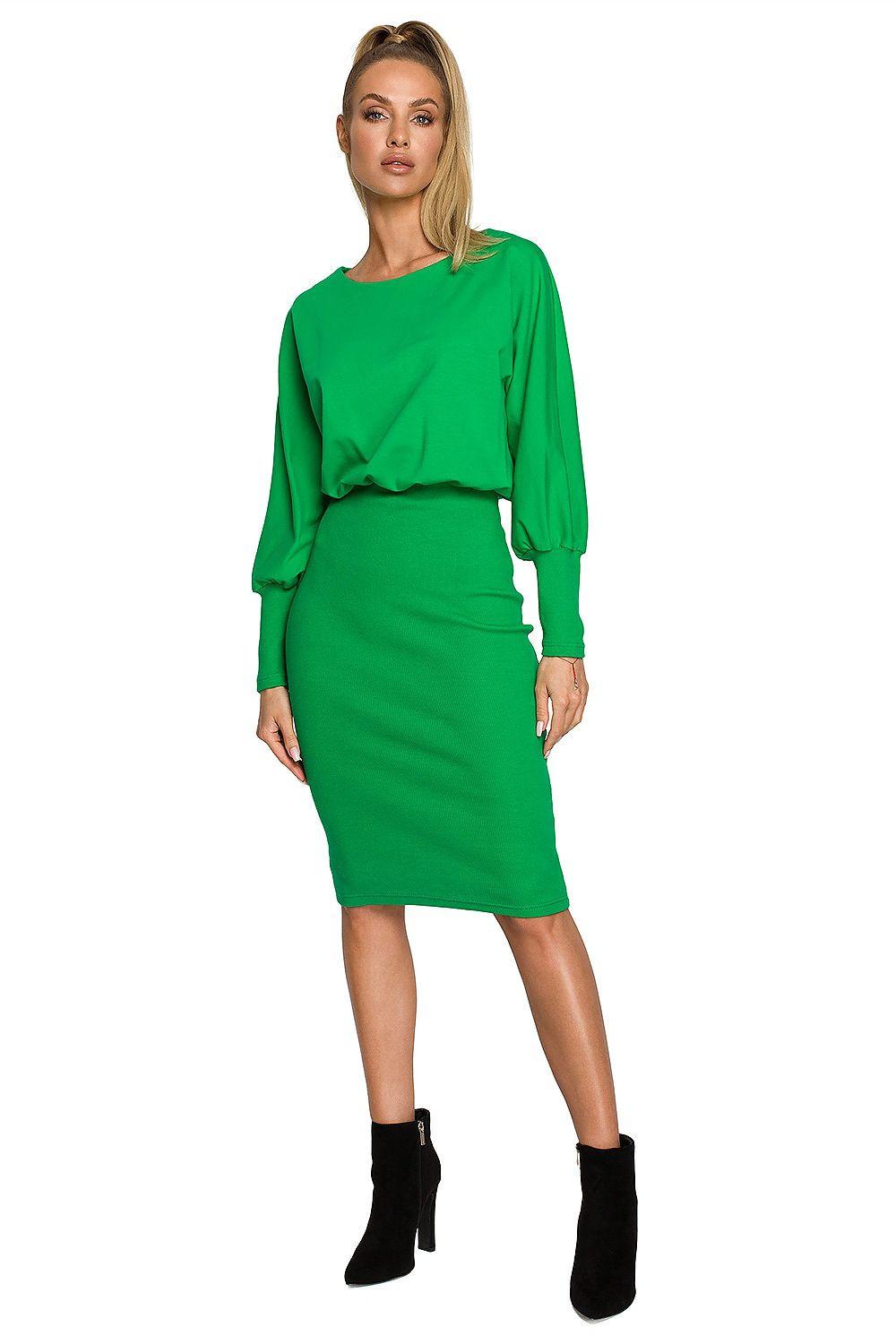 Green daydress with long puff sleeves and fitted midi skirt