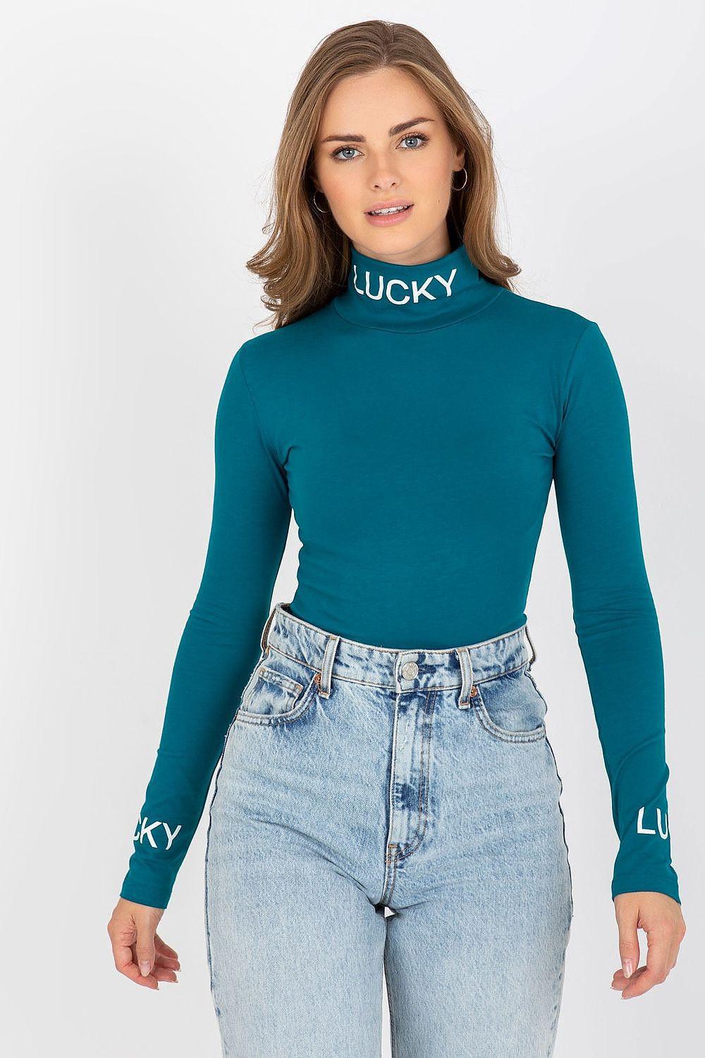 Green cotton turtleneck blouse with long sleeves and front lettering detail