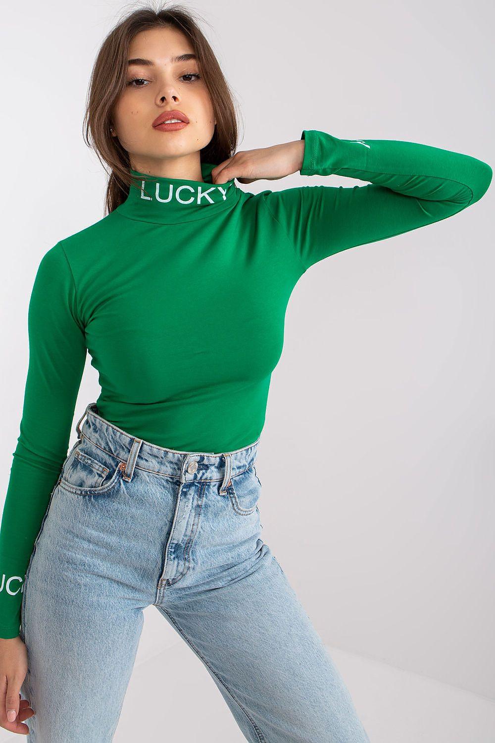 Green long-sleeve blouse with high neckline, fitted stretch knit, logo print