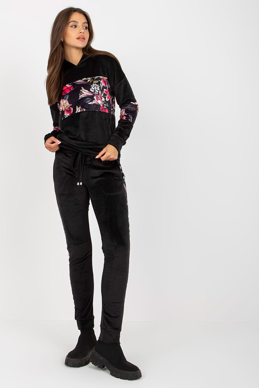 Black velour hoodie and pants set with floral accent front pocket