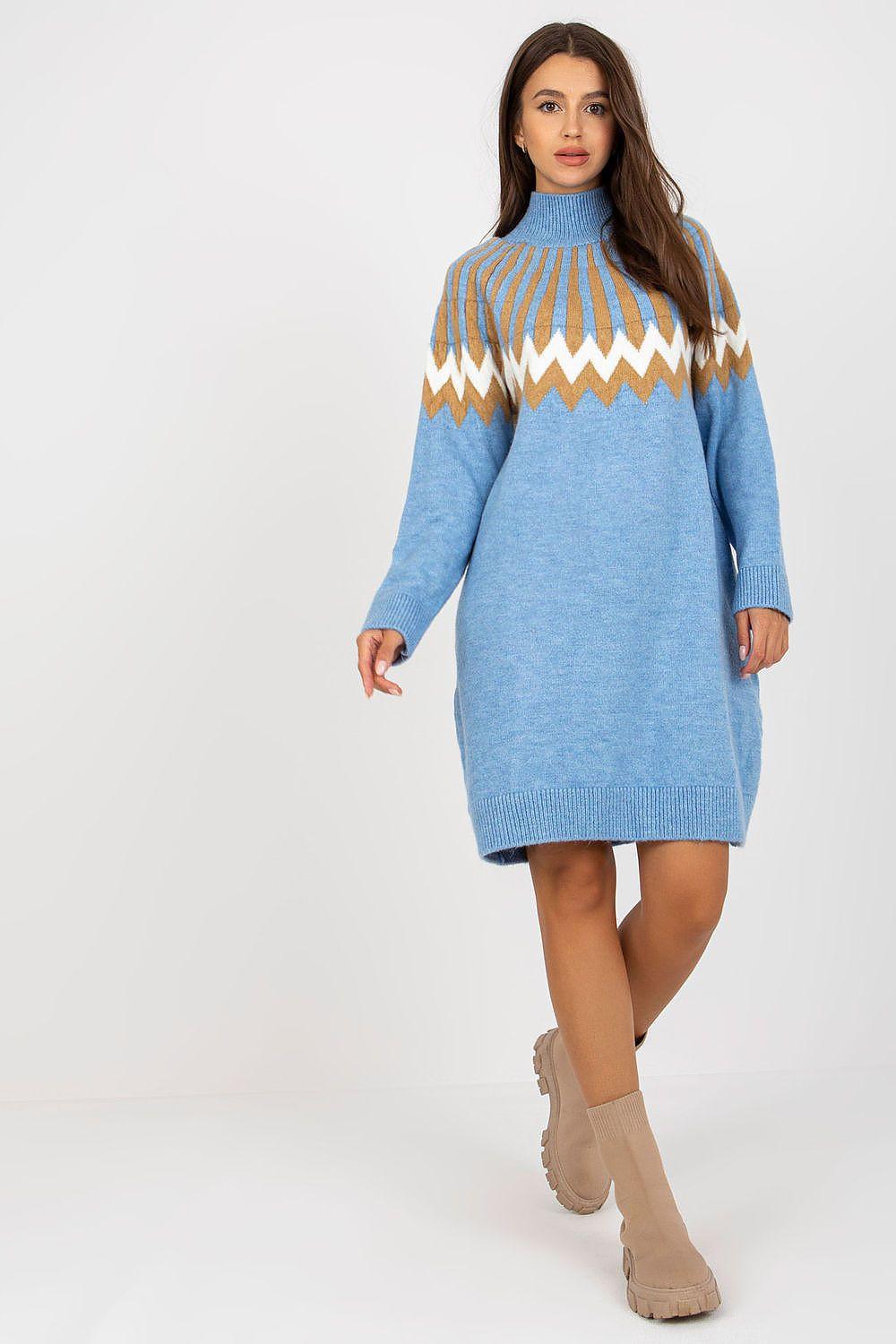 Blue knit daydress with high neck and zigzag yoke trim, long sleeves, knee length