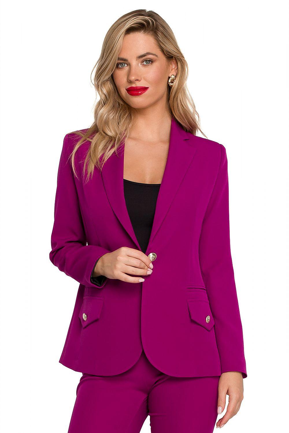 Violet blazer jacket with gold-tone metal buttons, notch lapel, side pockets.