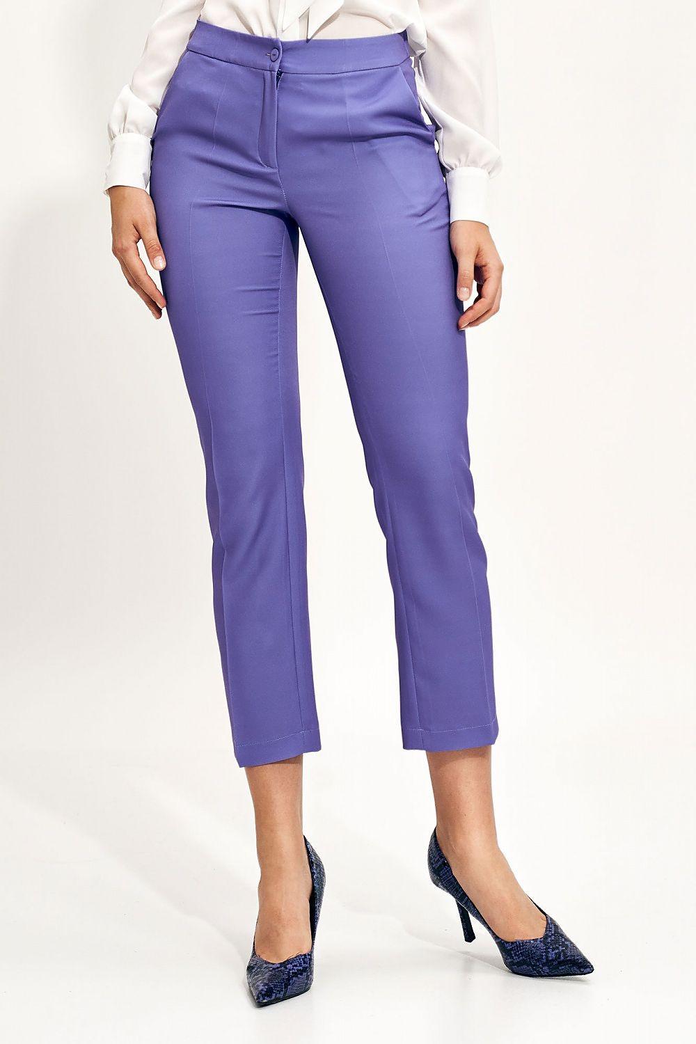 Violet cropped womens trousers with zip fly and belt loops