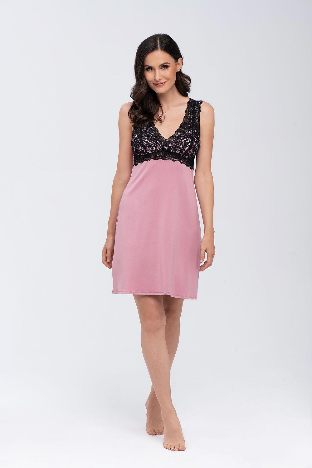 Pink satin-look lace nightgown with black lace V-neck and scalloped trim