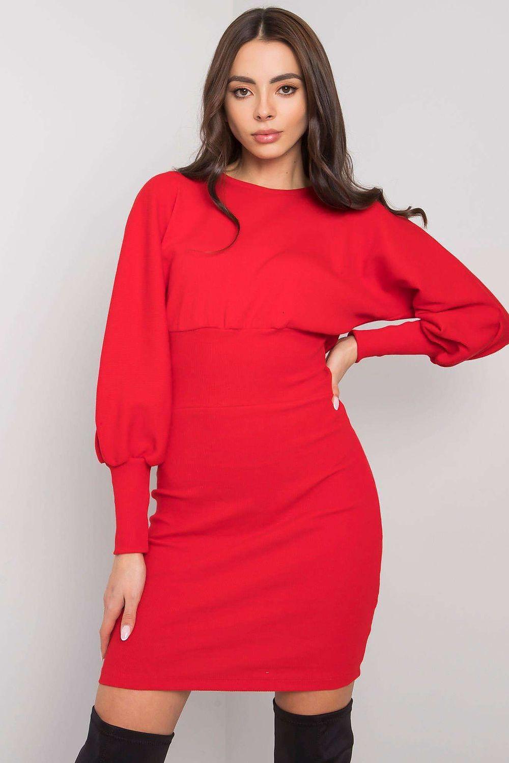 Red fitted mini day dress with long puff sleeves and crew neck