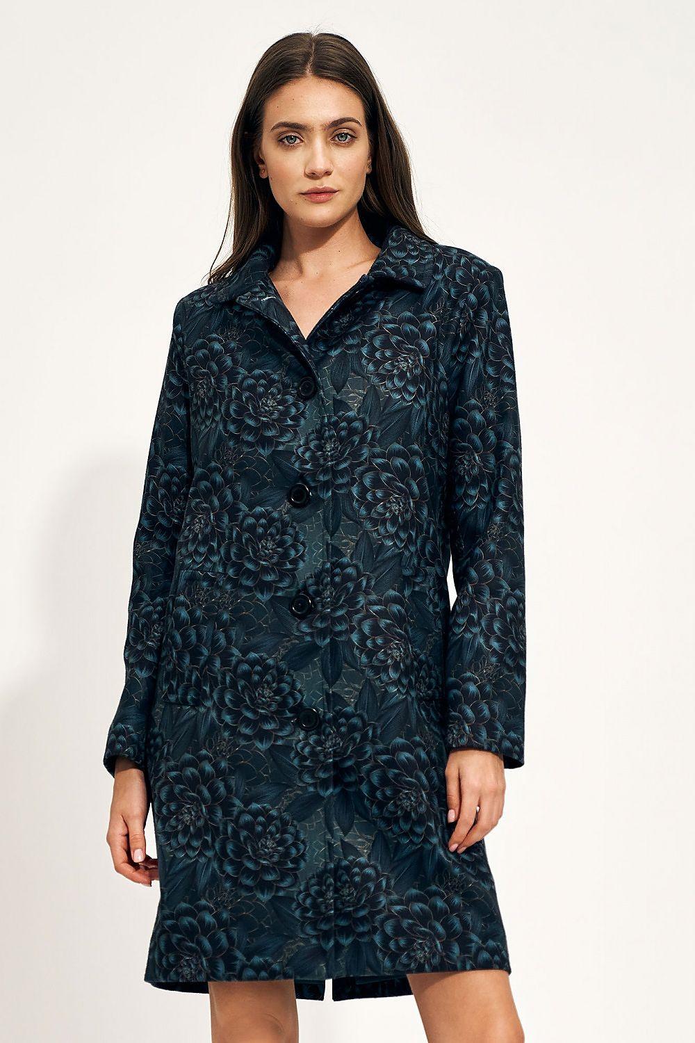 Floral buttoned coat with notch collar, dark teal pattern, long sleeves, knee length