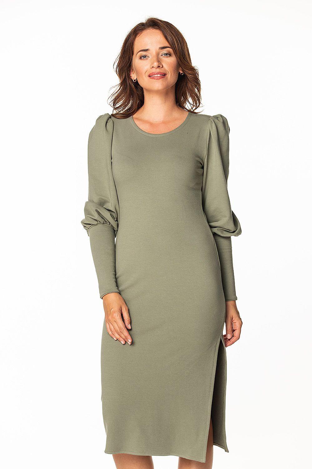 Olive green daydress with puff sleeves, crew neck, fitted midi length and side slit