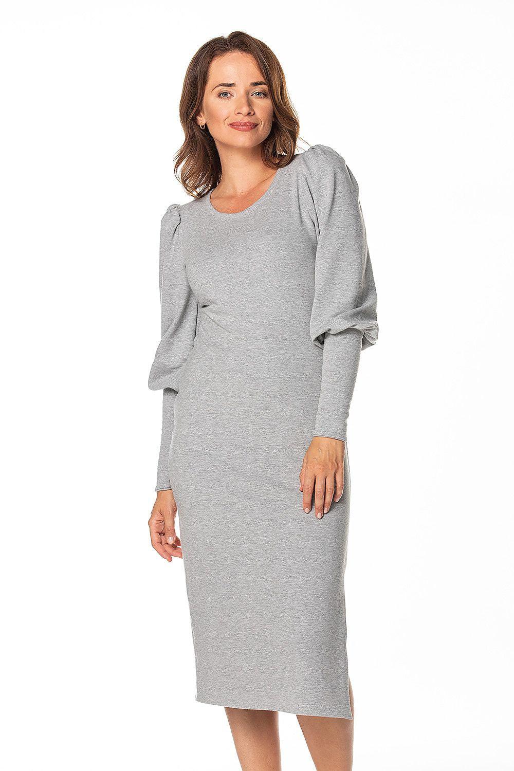 Grey long-sleeve midi daydress with crew neck and side seam pockets