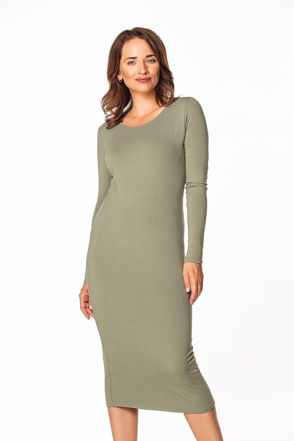 Green long-sleeve fitted day dress with round neckline and midi length