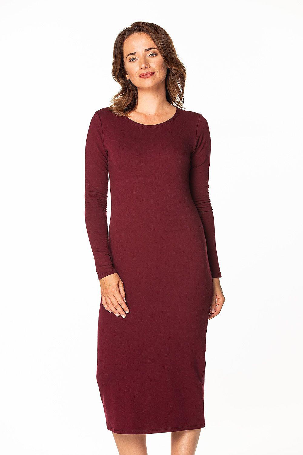 Tessita dark red day dress with 3/4 sleeves and round neckline, midi length